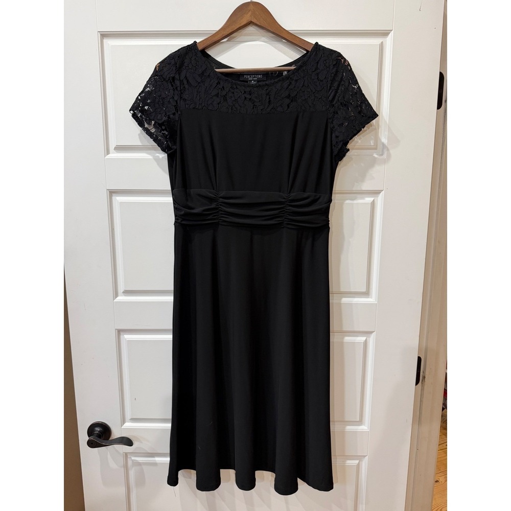 Vintage 90s Black Dress Lace Yoke‎ Ruched Waist Size M Goth Minimalist